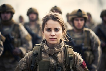 young adult woman in soldier uniform - obrazy, fototapety, plakaty