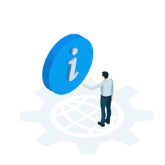 isometric man and information icon in color on white background, help service internet or faq
