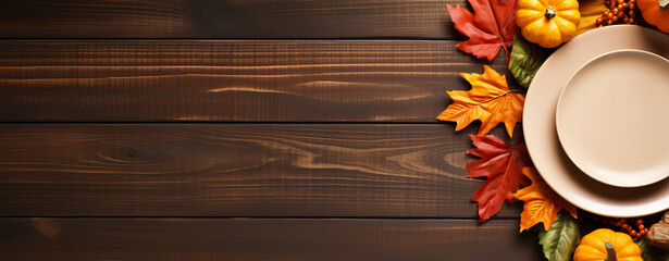 Autumn table setting with pumpkins and flowers for celebration Thanksgiving, banner format. 