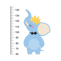 Growth Ruler with Cute Elephant Animal at Kids Height Meter Vector Illustration