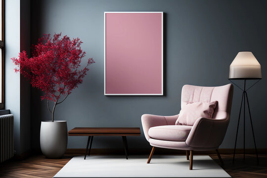 Comfortable chair with a pink photo frame in a lounge. Generative AI 
