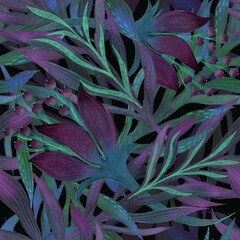 Pattern from 4 layers: up layer light green decorative leaves from pencil and under 3 layers from watercolour tropical leaves and flowers of violet, purple, green colour on the black background. 