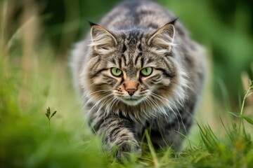 Cat on a green lawn. Portrait of a fluffy gray cat with green eyes in nature,