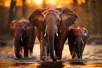 Elephants walk on the lake at sunset