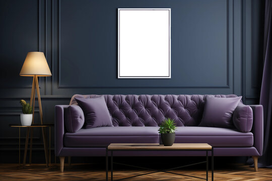 A purple sofa across a hanging photo frame. Generative AI