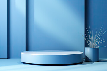 Blue podium mockup. 3D display stand, platform, pedestal