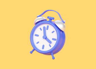 Clock 3d render icon - simple alarm timer concept, retro style flying alarmclock and morning awakening illustration