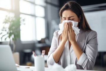 sick woman blowing her nose because of an allergy - obrazy, fototapety, plakaty