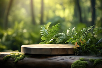 Smooth round white podium in sunlight, tropical forest on the background