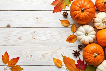 Autumn top border of orange, white and striped pumpkins on a white wood background. Top view with copy space - obrazy, fototapety, plakaty