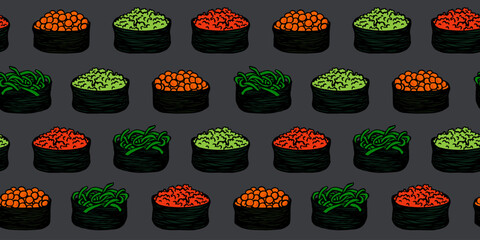 Sushi gunkan roll vector seamless pattern. Doodle outline color illustration on dark background for package, textile or sushi shop, restaurant, site or menu design.