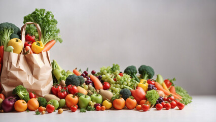 Healthy food background Healthy vegan vegetarian food in paper bag vegetables and fruits on white copy space banner Shopping food supermarket and clean vegan eating concept