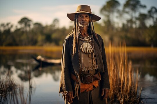 Seminole man posing seated in the Florida swamps