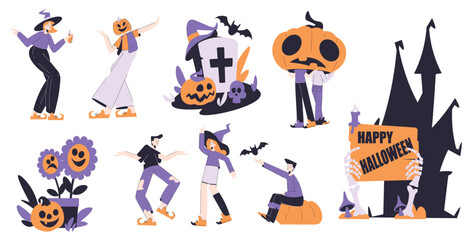 Man and Woman Characters at Halloween Dressed in Costume Enjoy Night Party Vector Set
