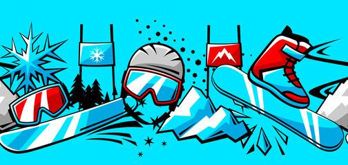 Pattern with snowboarding items. Winter sport illustration.