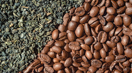 Coffee beans and green tea leaves are laid out in two stripes, creating a diagonal border between them.