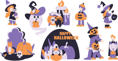 Kids Character at Halloween Dressed in Costume Enjoy Night Party Vector Set