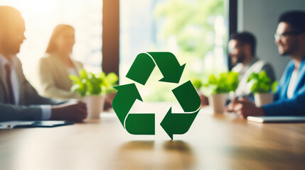 Recycle sign on blurred background with meeting of business people at the table.Eco Friendly Concept. 