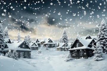 Winter Christmas night view with snow on wooden cottages