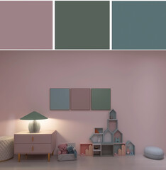 Children's room design, color palette 3d render, 3d illustration