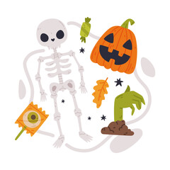 Halloween Trick or Treat Night Party Element with Pumpkin, Zombie Hand and Skeleton Vector Illustration