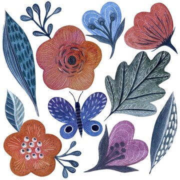 Illustration set of watercolour decorative fantasy flowers, butterfly, leaves on the white background.