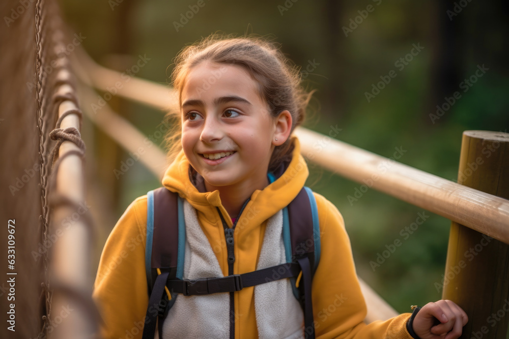 Poster Young girl along excursion mountain trail - Generative AI