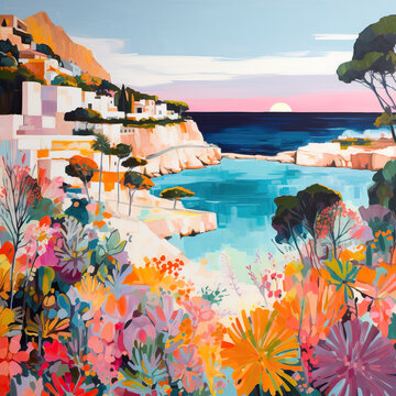 Beautiful and colorful illustration of a mediterranean island landscape, floral seaside scenery