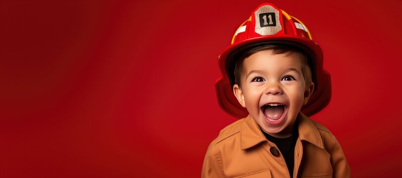 Happy Young Boy Dressed as a Fireman with Space for Copy