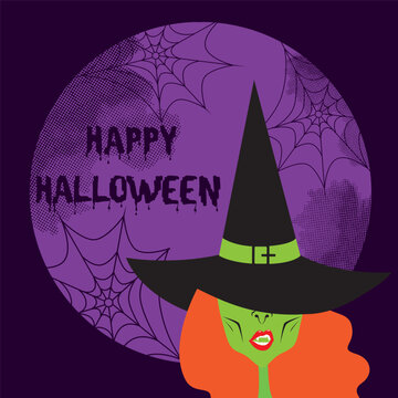 Whitch head on full moon background with slogan happy Halloween. Vector illustration.
