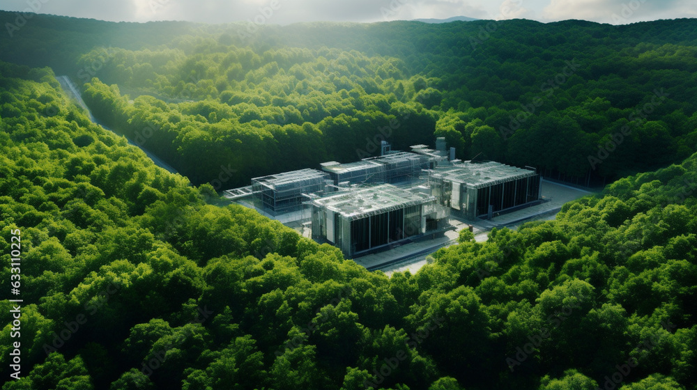 Poster ai data center nestled within, untouched forest. minimalist design symbolizing the delicate balance 