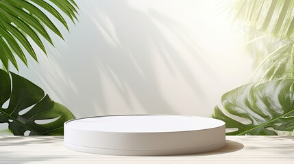 Smooth round white podium in sunlight, only tropical palm leaf