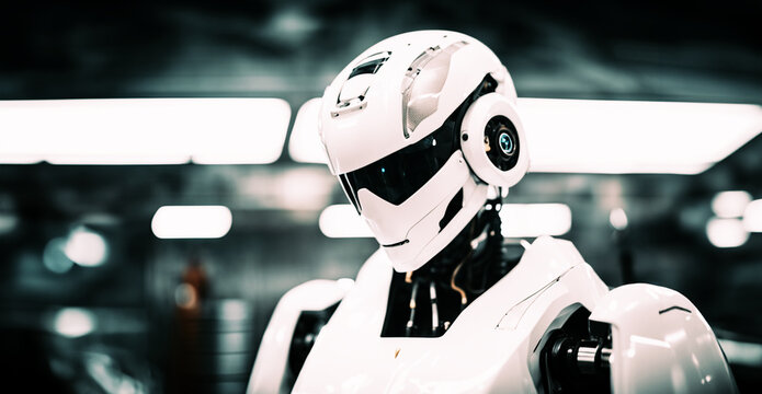 immagine primo piano di struttura di sofisticato androide meccanico umanoide, sfondo sfuocato con luci