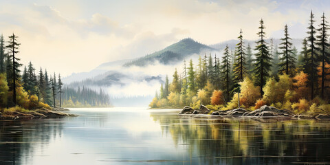Enchanting forest lakeside, tranquil reflections. The magical forest shoe of the lake. Peacefully Landscape. Generative AI