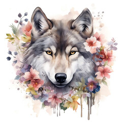 wolf head with flowers