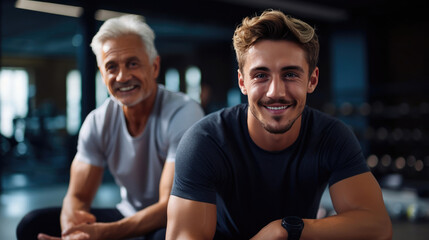 Father and Son Smiling in Modern Gym