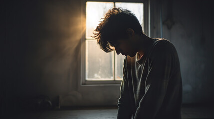 Sad and depressed young man sitting alone in dark room. Depression and mental health concept.