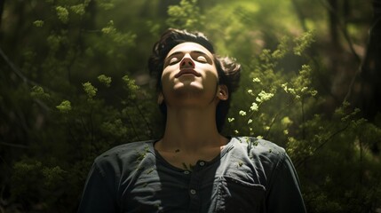 young man breathing fresh air in green forest