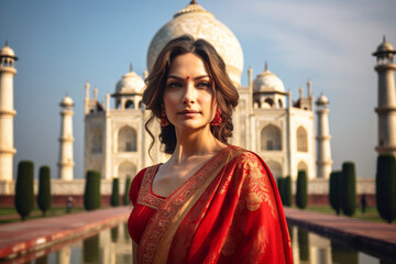 Fototapeta premium Beautiful Woman in Red Saree in Front of Taj Mahal During Sunset