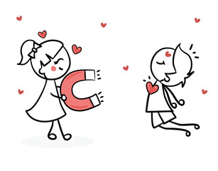Happy couple illustration Cute couple Girl and boy Couple in love Girl magneting a boy