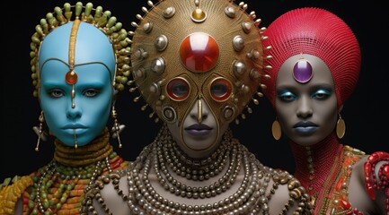 A group of colorful mannequins stand in a solemn temple, representing a vibrant and beautiful contrast to the otherwise stillness