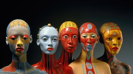 A vibrant and diverse display of statuesque artistry stands in perfect unison, captivating the eye with its colorful mannequins