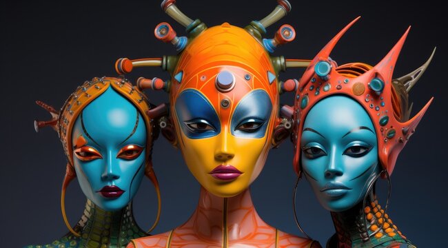 A vivid art installation of mannequins adorned in colorful masks stands as a surreal reminder of the emotions and complexities of life