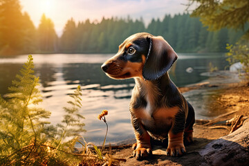 Сute dachshund puppy by a lake - obrazy, fototapety, plakaty