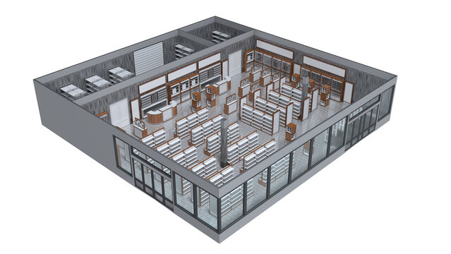 Isometric view of the trading floor of the store, building floor model. 3d illustration