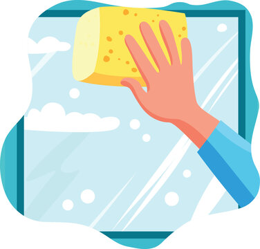 hand with a sponge cleaning a window flat style vector illustration , Hand cleaning a glass window with a wet sponge stock vector image