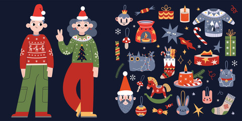 Christmas, New Year attributes and children in traditional Xmas clothes, cartoon style. Winter holidays symbols, ugly sweaters. Trendy modern vector illustration, hand drawn, flat