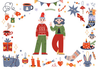 Christmas, New Year attributes frame and children in traditional Xmas clothes, cartoon style. Winter holidays symbols. Trendy modern vector illustration isolated on white, hand drawn, flat