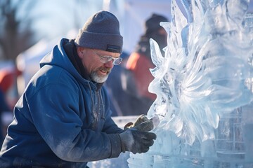 Man carves sculpture out of ice