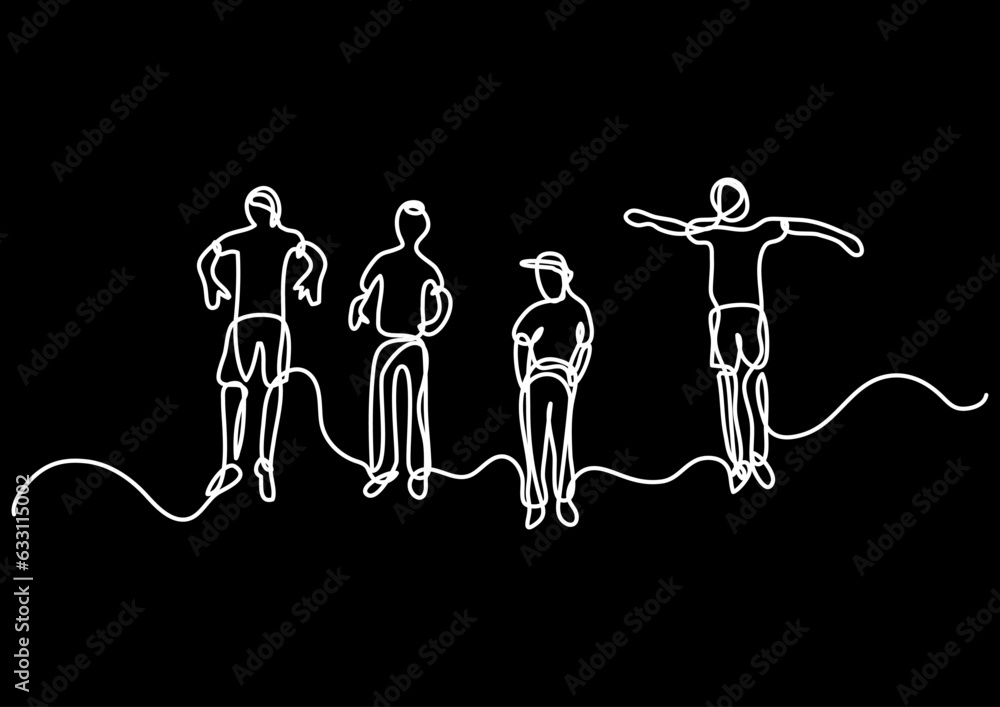 Poster continuous line drawing vector illustration with fully editable stroke of happy jumping persons as c